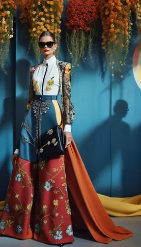 Fashion show ,a woman stands in front of some orange flowers,takarazuka,geiko,matador,oiran,imperial coat,maiko,Photography,General,Realistic