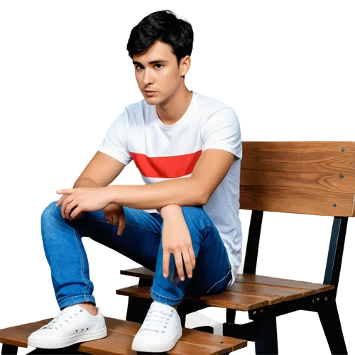 man, thinking pose, solo, (30yo), serious facial expression, furrowed eyebrows, short black hair, casual wear, white T-shirt, blue jeans, sneakers, sitting on wooden chair, hands clasped together, lea