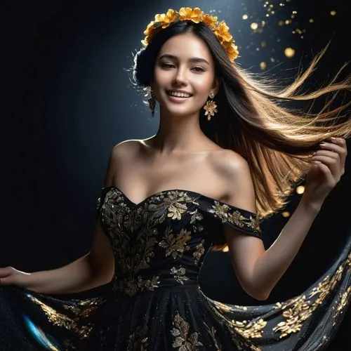 beautiful girl with flowers,golden flowers,yellow rose background,girl in a long dress,miss vietnam,gold filigree,celtic woman,golden crown,vietnamese woman,gold yellow rose,golden wreath,girl in flowers,gold flower,jasmine blossom,mystical portrait of a girl,queen of the night,flower gold,oriental princess,hula,portrait photography,Photography,Artistic Photography,Artistic Photography 02