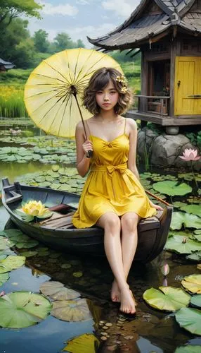 little girl with umbrella,vietnamese woman,vietnam,asian umbrella,lily pad,lotus on pond,viet nam,hanoi,lotus pond,water lotus,yellow garden,water lily,lily pads,waterlily,floating market,lily pond,vietnam's,yellow petal,southeast asia,girl on the river,Conceptual Art,Fantasy,Fantasy 03