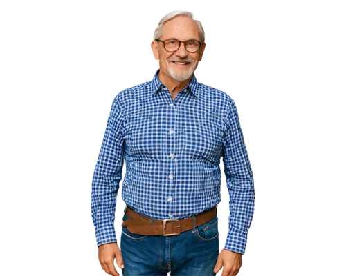 Older man, 60s, solo, wrinkled face, gray hair, glasses, thick eyebrows, white beard, checked shirt, dark jeans, leather belt, brown loafers, standing, hands in pockets, gentle smile, warm lighting, s