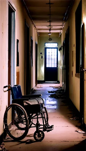 Creepy atmospheric scene, horror theme, abandoned asylum setting, dimly lit corridor, eerie shadows, broken wheelchairs, old medical equipment, shattered windows, spider webs, mysterious doors, ghostl