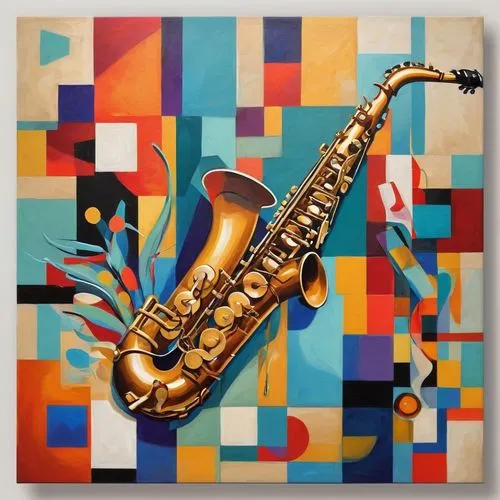 abstract style, saxophone, guitar, drums, piano, congas,tenor saxophone,baritone saxophone,saxophone,saxophonist,saxophone playing man,man with saxophone,sax,saxophone player,saxhorn,jazz,woodwind ins