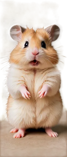 Beige fur, cute hamster, small size, standing pose, front paws together, whiskers, pink nose, black eyes, fluffy cheeks, soft texture, warm lighting, 3/4 composition, shallow depth of field, adorable 