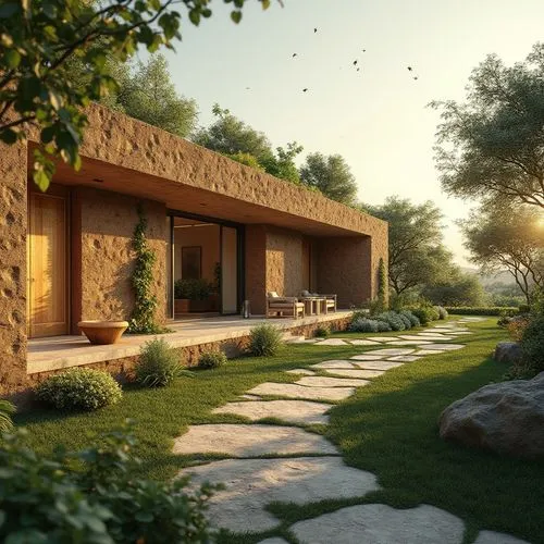 Rammed earth wall, natural material, sustainable design, eco-friendly, environmental concern, architectural element, modern villa, green roof, lush vegetation, wooden door, large windows, panoramic vi