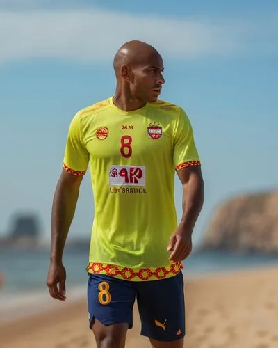 a man on a beach wearing some very cool soccer clothes,fabinho,guedioura,fernandinho,luisao,varndell,espinho,Photography,General,Realistic