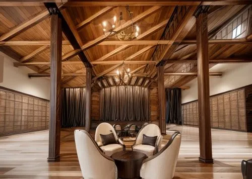 wooden beams,billiard room,japanese-style room,loft,dining room,luxury home interior,patterned wood decoration,ryokan,conference room,wooden floor,hotel hall,ballroom,great room,breakfast room,interiors,interior design,wood floor,japanese restaurant,contemporary decor,interior decor