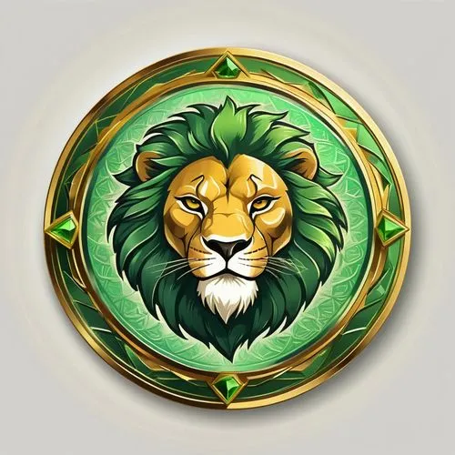 Fantasy emblem logo for gaming token depicting a powerful anthropomorphic lion king,human body (including the word "Felidur"),luxury legendary token,golden border and golden and light green tones,illu