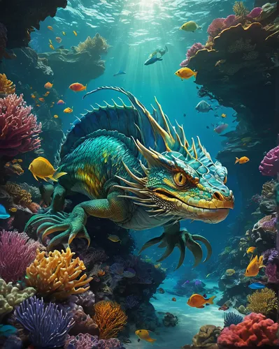 underwater background,coelacanth,underwater fish,sea life underwater,underwater landscape,sea animal,marine animal,aquarium inhabitants,underwater world,salt water crocodile,forest fish,merman,ocean underwater,marine iguana,coral guardian,fish in water,aquatic,under the water,water creature,painted dragon,Conceptual Art,Fantasy,Fantasy 11