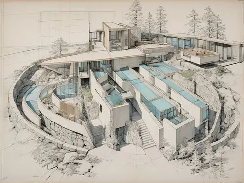 this house has an architectural design that is designed to be in a circular area,archigram,cohousing,bohlin,archidaily,architect plan,aqua studio,Unique,Design,Blueprint