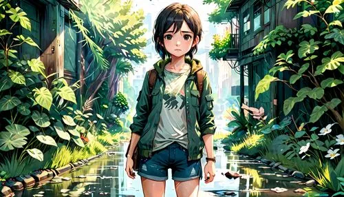 arrietty,chihiro,hikari,yotsuba,ghibli,takahata,yuhina,himawari,girl in a long,girl with tree,kumiko,girl walking away,mirai,forest background,tsukiko,nouaimi,nanako,kururi,himuto,hajime