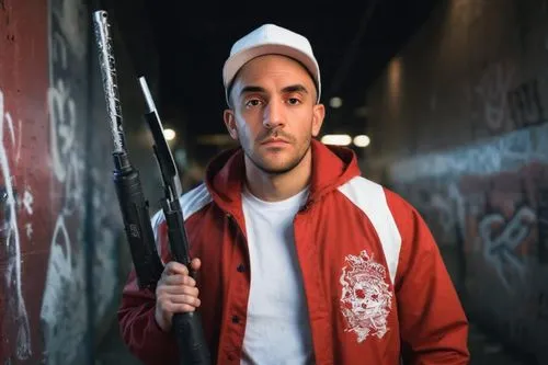 Male  adult wearing a red jacket and white hat holding a weapon, urban city environment, Grunge style, red and white graffiti, realistic,,assassin,sniper,bandana background,rap,mac,farro,snipey,on a r