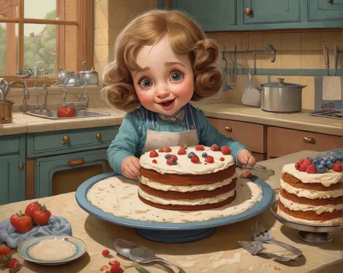 girl in the kitchen,strawberrycake,doll kitchen,strawberries cake,lardy cake,confection,woman holding pie,shirley temple,little cake,bundt cake,confectioner,shortcake,cherrycake,kids illustration,cute cartoon image,strawberry jam,raggedy ann,strawberry pie,red cake,strawberry roll,Illustration,Realistic Fantasy,Realistic Fantasy 44