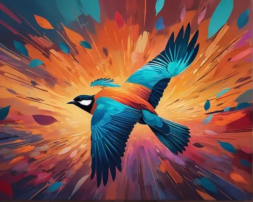 bird's eye view, 3/4 composition, soft focus, warm color tone.,the bird is flying through the air with the colorful lights,colorful birds,bird painting,bird illustration,garrison,scarlet macaw,teal an