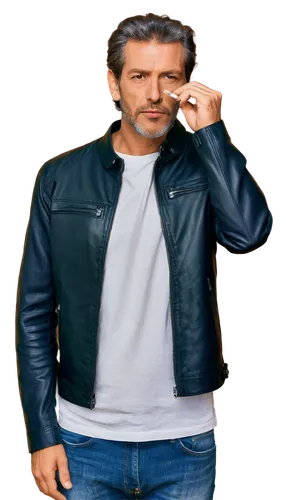 Smoking man, mature adult, holding cigarette, relaxed pose, leather jacket, white shirt, dark jeans, messy hair, stubble, facial close-up, shallow depth of field, warm lighting, 3/4 composition, reali