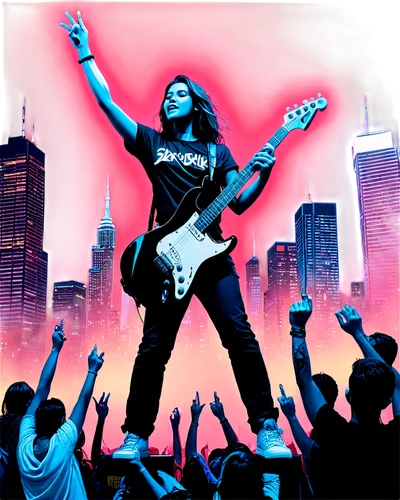 Vibrant cityscape, neon lights, skyscrapers, bright graffiti, urban atmosphere, dynamic composition, low-angle shot, bold colors, energetic mood, electric guitar, drums, microphone, spotlights, fog ma