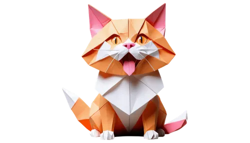 Adorable cat, cartoon style, white and orange fur, whiskers, pink nose, sitting, looking up, mouth open, sharp teeth, tongue out, 3D rendering, realistic texture, soft focus, warm lighting, shallow de