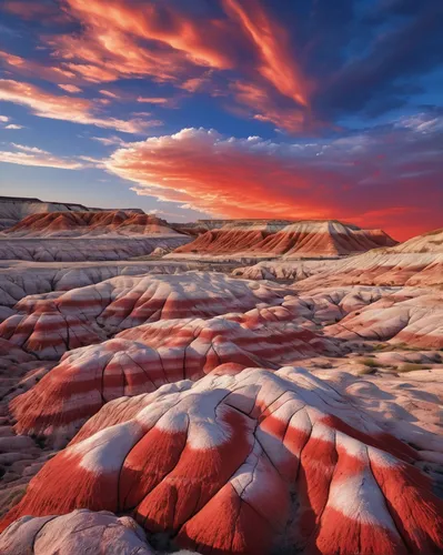 Altocumulus clouds, turned red by the setting sun, streak over badlands near the Blue Mesa in Petrified Forest National Park, Arizona. Badlands are a type of dry terrain where clay or soft sedimentary