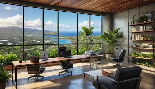 Modern architectural design firm, Portlock Hawaii, luxurious office interior, minimalist decor, large windows, ocean view, Honolulu cityscape, tropical plants, wooden desk, leather chair, Mac computer