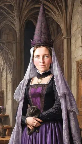 (((A tall and narrow Gothic cone "Wimple Hennin Purple & Black" with decoration on the woman's head: 1,5 +++, the forehead and temples are wrapped in dark cloth: 1,4+++, on the Gothic cone "Wimple Hen