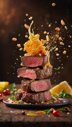 "Capture dynamic splashes of food in a flying food photography" with A steak as the main subject, showcasing splashes of toppings and seasonings including salt pieces in the air,beef fillet,fillet of 