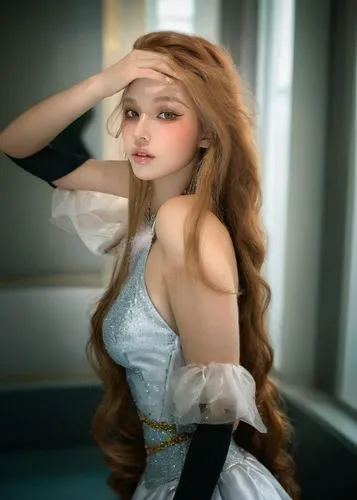 a woman in a white dress with long hair,doll paola reina,female doll,dress doll,celtic woman,redhead doll,namie