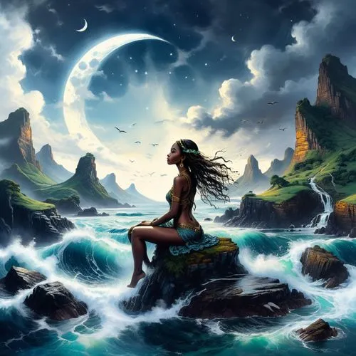 a woman in the water is sitting on rocks,fantasy picture,mermaid background,moana,ocean background,fantasy art,kahlan,Illustration,Realistic Fantasy,Realistic Fantasy 25