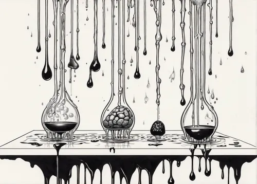 liquids,drips,oil in water,drop of wine,oil drop,decanter,lead-pouring,ink painting,glass harp,still life with onions,water drip,water glass,pouring,pour,drip castle,distillation,black water,potions,spills,oils,Illustration,Black and White,Black and White 34