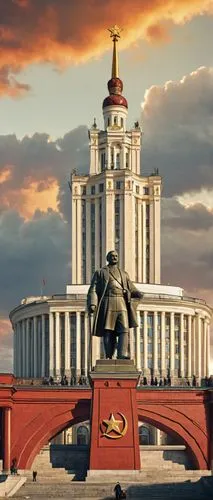 Grand, majestic USSR architecture, Soviet-era monumental building, intricately detailed columns, ornate facades, grandiose entrance, red star symbol, hammer and sickle emblem, imposing stone walls, Le