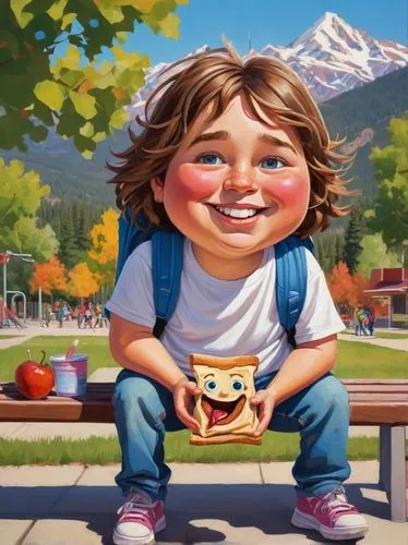 Cartoonish, chubby, elementary school student, boy or girl, messy brown hair, crooked teeth, freckles on cheeks, bright blue eyes, worn-out sneakers, faded jeans, oversized white T-shirt, backpack ful