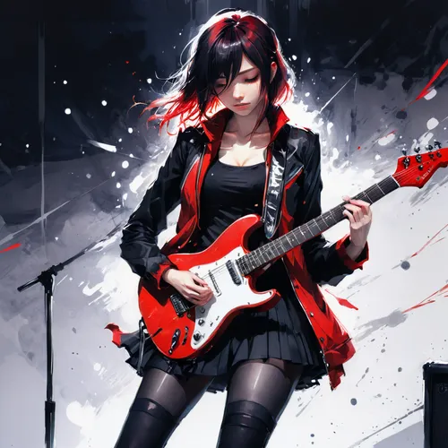 rocker,bass guitar,electric guitar,rock band,concert guitar,bassist,rock music,guitarist,lead guitarist,guitar,playing the guitar,guitar player,electric bass,painted guitar,lady rocks,music fantasy,musician,rock concert,maki,rock,Illustration,Paper based,Paper Based 20