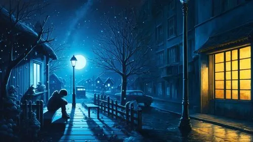 night scene,night snow,midnight snow,blue rain,winter background,world digital painting,snow scene,evening atmosphere,snowfall,romantic scene,winter dream,street lights,street scene,sci fiction illustration,blue hour,winters,romantic night,oil painting on canvas,in the evening,at night