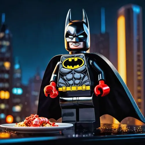 Dark Knight Batman, Lego figure, solo, standing, iconic pose, black cape flowing, yellow utility belt, white eyes, muscular legs, red gloves, holding a plate of Lobster Thermidor, steam rising, golden