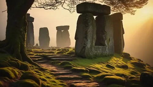 Ancient, prehistoric era, megalithic structure, stonehenge, mysterious atmosphere, misty dawn, dense forest surroundings, vines crawling on ruins, moss-covered stones, rugged terrain, ancient trees, t