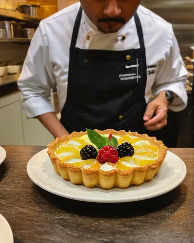 In a bustling caf￩, a shy pastry chef anxiously presents their first-ever tartlet to a renowned food critic.,custard tart,pastry chef,cream cheese tarts,crème brûlée,egg tart,creme caramel,tartlet,cre