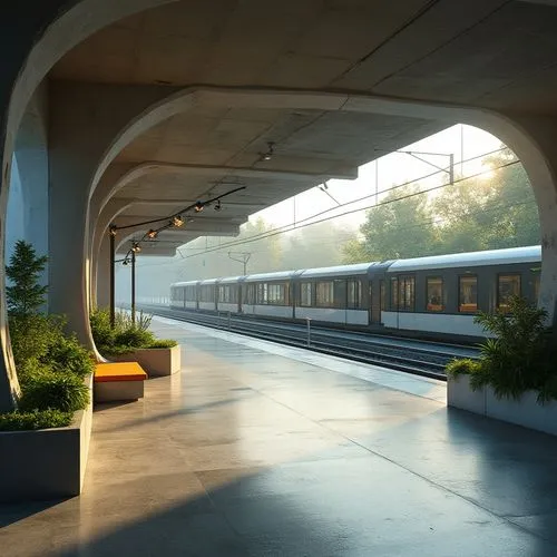 Modern tram station, futuristic architecture, curved lines, sleek design, fiber-cement material, textured walls, ribbed ceiling, metallic beams, industrial chic lighting, polished concrete floor, mini