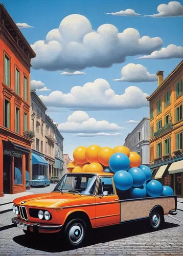 italian painter,city car,cartoon car,colorful balloons,david bates,fiat 500,fiat500,yellow car,station wagon-station wagon,fiat 500 giardiniera,cinquecento,bmw 320,fiat 518,fiat 600,fiat 501,fiat 125,austin 1800,oil painting on canvas,trabant,little girl with balloons,Art,Artistic Painting,Artistic Painting 06