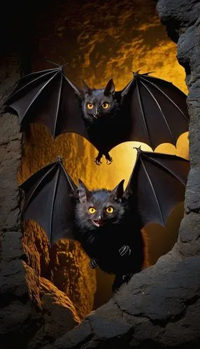 Costanza bat, dark brown fur, large wingspan, sharp fangs, glowing yellow eyes, perched, cave interior, ancient stone walls, mysterious ambiance, dim torch lighting, foggy atmosphere, solitary, noctur