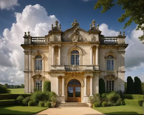 Basildon Manor, grandiose architectural design, English countryside, Baroque style, ornate facade, white limestone walls, tall arched windows, carved wooden doors, lush greenery surrounding, rolling h