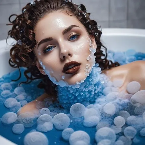 soap foam on face, hair and body, lot of bubbles, brown lipstick, wet skin, black chocker, long to the waist strong wavy curly flared hair, brown hair detailed facial features, in bath, blue eyes,an a