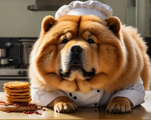 Write a funny story about a chow who became the head chef of a Michelin-starred restaurant.,chow-chow,chow chow,purebred dog,pastry chef,potcake dog,waffles,continental bulldog,peanut butter cookie,gi