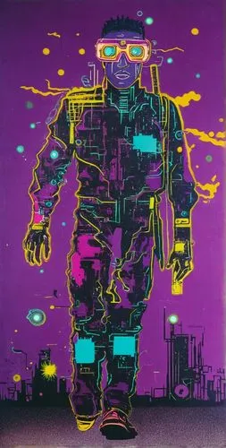 cyberpunk, vaporwave, syfy, 1990,a man standing in the middle of an art piece,neuromancer,technodrome,futurians,cyberpunk,robotman,technopop,Art,Artistic Painting,Artistic Painting 51