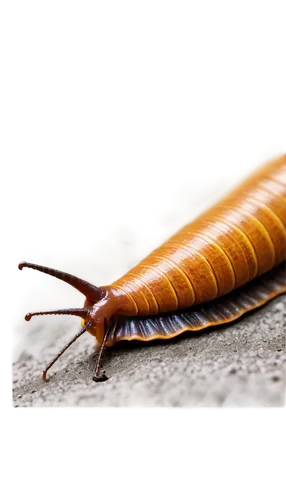 Slug, macro shot, slimy trail, brown skin, antennae, shell, slow movement, close-up, shallow depth of field, warm lighting, soft focus, natural texture, detailed eyes.,millipede,ovipositor,myriapods,e