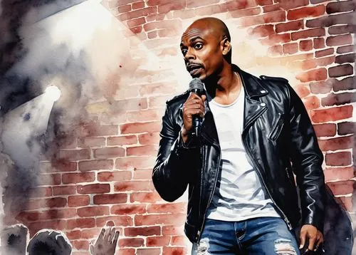 Evil Dave Chappelle, male comedian, dark skin tone, short hair, goatee, menacing gaze, black leather jacket, white shirt, ripped jeans, sneakers, microphone in hand, spotlight shining down, dimly lit 