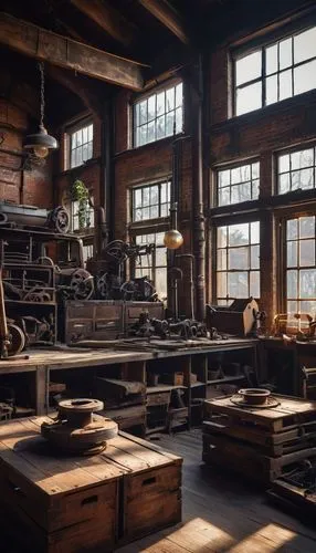 Industrial, architectural salvage, Portsmouth NH, old brick building, worn wooden beams, rusty metal pipes, vintage machinery parts, distressed walls, dimly lit interior, afternoon sunlight streaming 