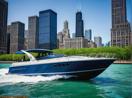 Chicago architectural boat tour, Lake Michigan, daytime, sunny weather, calm water, sleek modern boats, guided tour, tourists on board, wearing casual summer clothes, sunglasses, holding cameras, inte