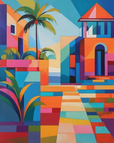 curacao,colorful city,majorelle blue,saturated colors,curaçao,tropical house,houses clipart,church painting,dominican republic,cuba background,yucatan,acapulco,spanish tile,blocks of houses,aruba,home landscape,haiti,palm branches,seaside resort,post impressionist,Illustration,Vector,Vector 07