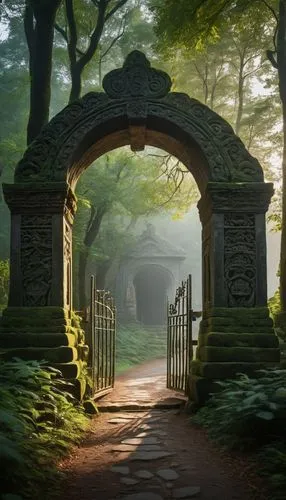 A mysterious gate stands firmly in the middle of the forest. The gate is made of stone full of ancient carvings. In front of the gate there is a village road, on the left and right there are various l