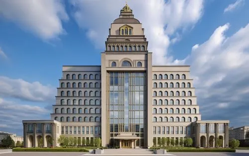 administrative building, huge volume, 8 floor building, blend of modern and classical architecture style, huge atrium on lower level, front entrance porch,,a building with lots of windows is shown,aty