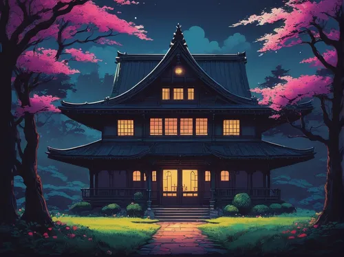 house silhouette,lonely house,witch's house,studio ghibli,witch house,little house,ancient house,house in the forest,small house,japanese sakura background,wooden house,kyoto,house painting,japanese architecture,old home,home landscape,sakura background,cottage,japanese-style room,houses silhouette,Conceptual Art,Fantasy,Fantasy 32